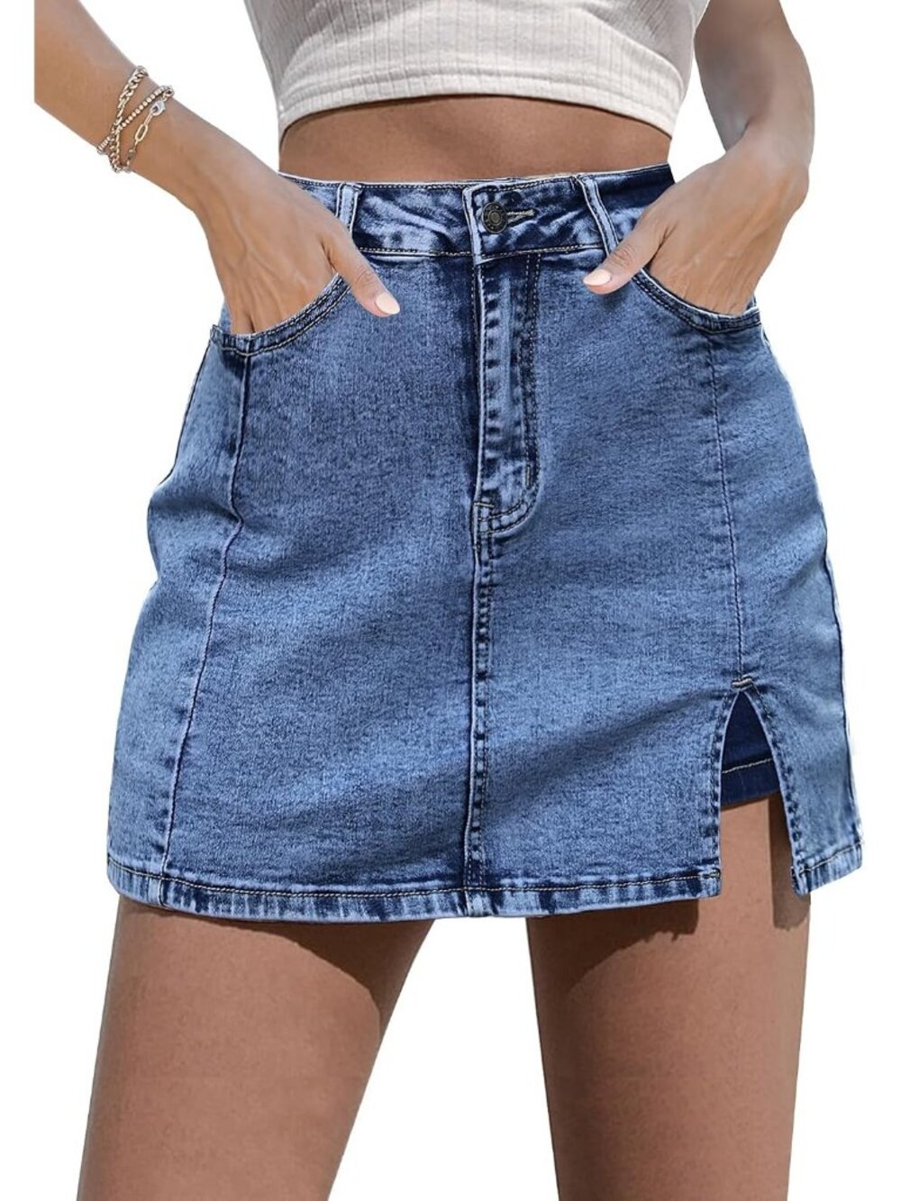 Women's Bay Blue High Waisted Stretchy Denim Mini Skirt Side Slit Jean Skirt